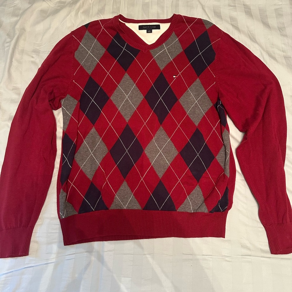 Men's Argyle Sweater - Red and Gray
